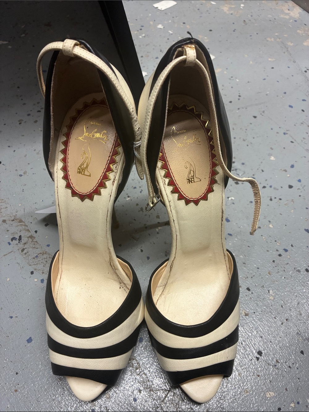 Christian Louboutin Womenβs Black and Cream Striped Peep-Toe Heels w ankle strap